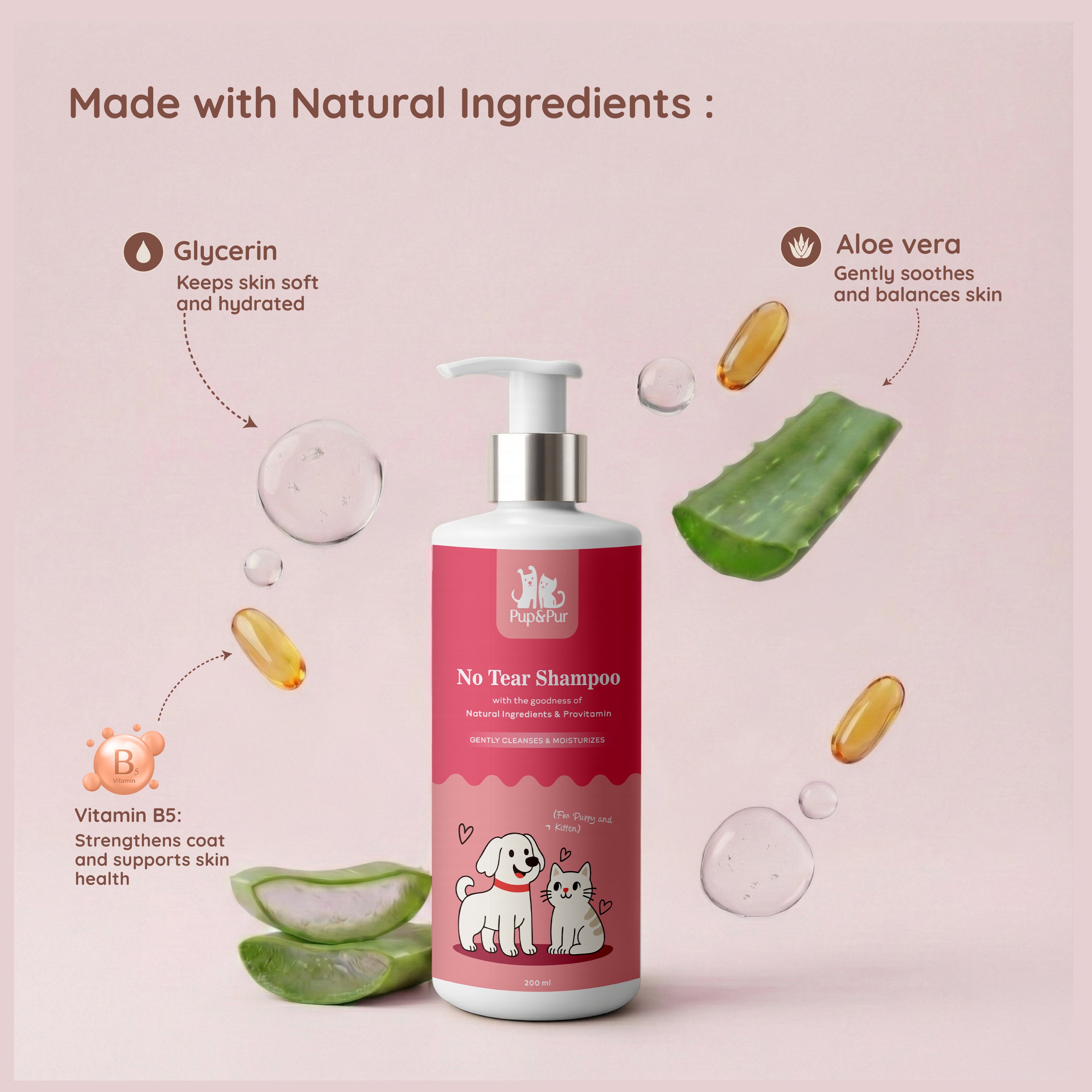 Pup & Pur No Tear Shampoo For Puppy & Kitten | Pet Shampoo For Sensitive Skin | 200 ml