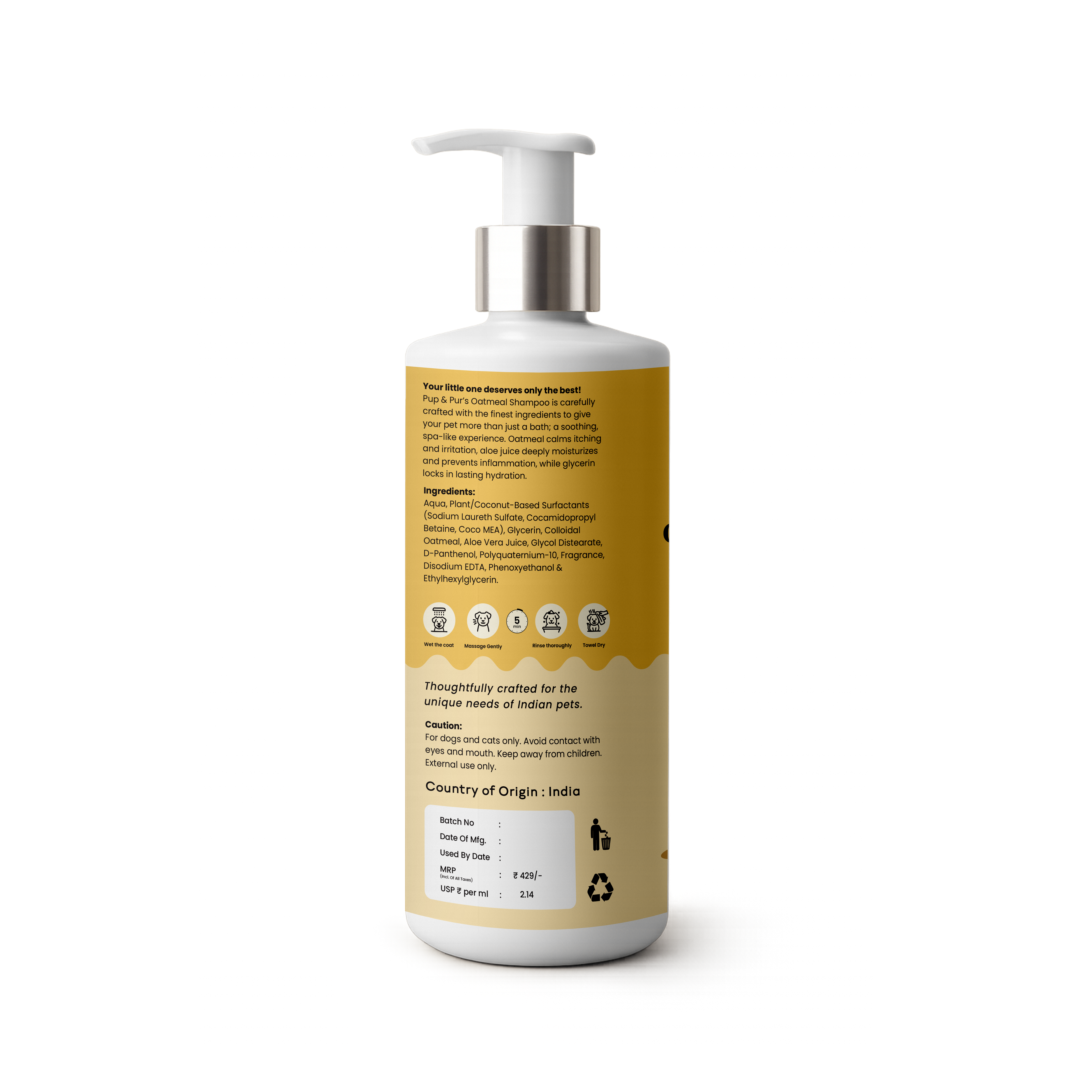 Pup & Pur Oatmeal Shampoo For Dogs & Cats | Pet Shampoo For Dry & Itchy Skin  | 200 ml