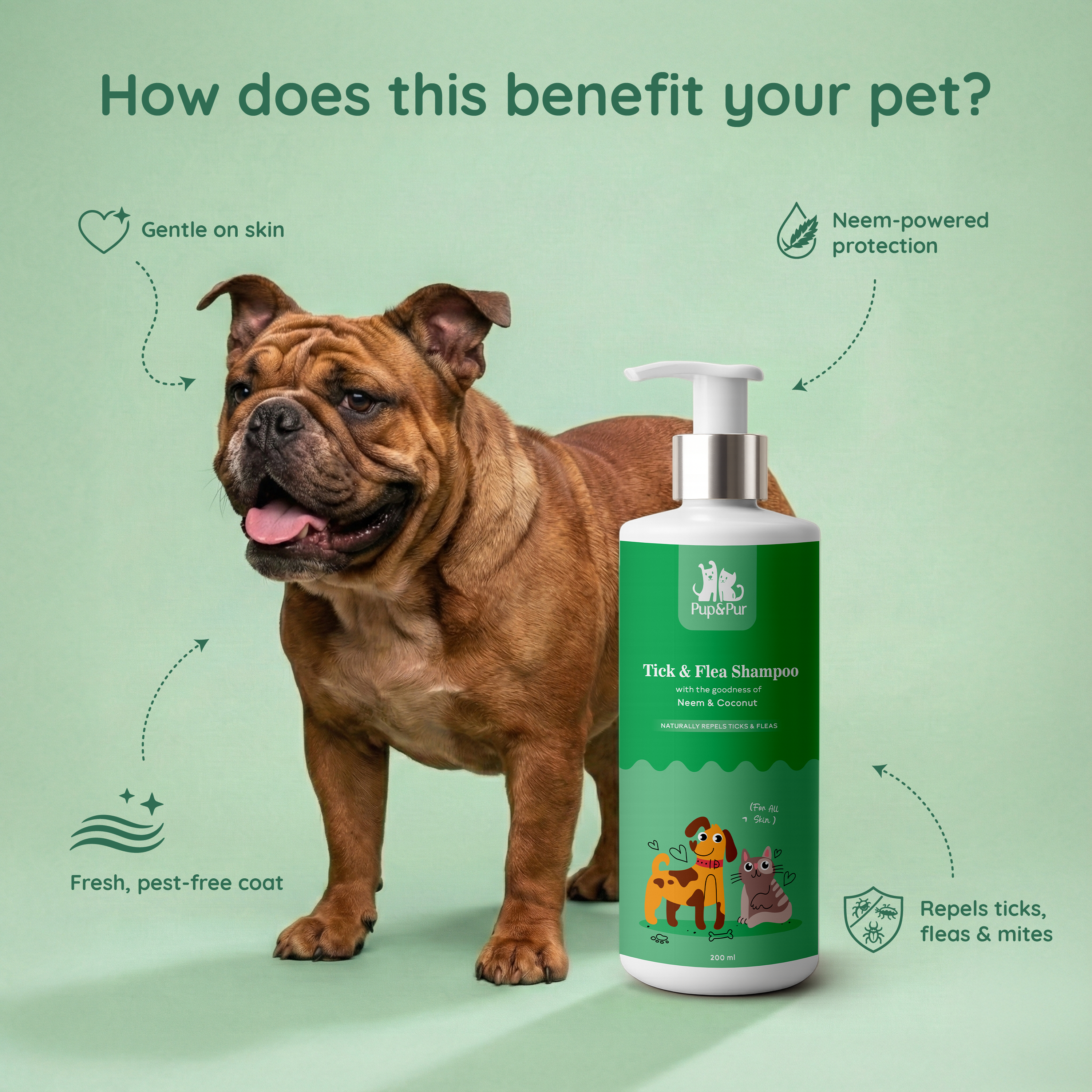 Pup & Pur Anti Tick & Flea Shampoo for Dogs & Cats | Neem Shampoo for pets | 200 ml