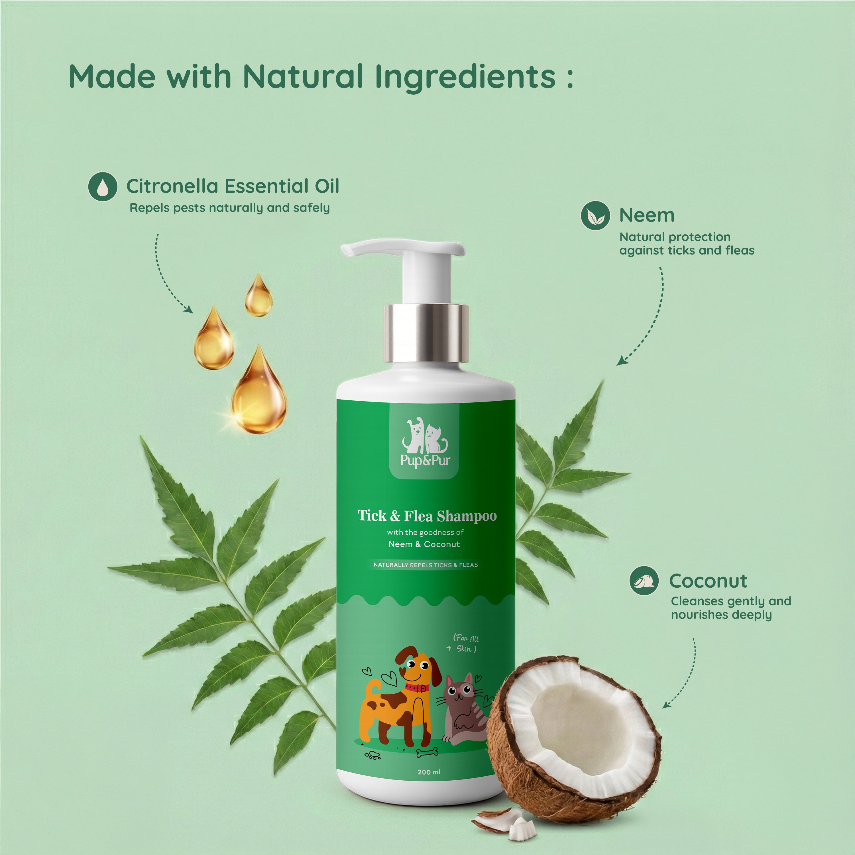 Pup & Pur Anti Tick & Flea Shampoo for Dogs & Cats | Neem Shampoo for pets | 200 ml