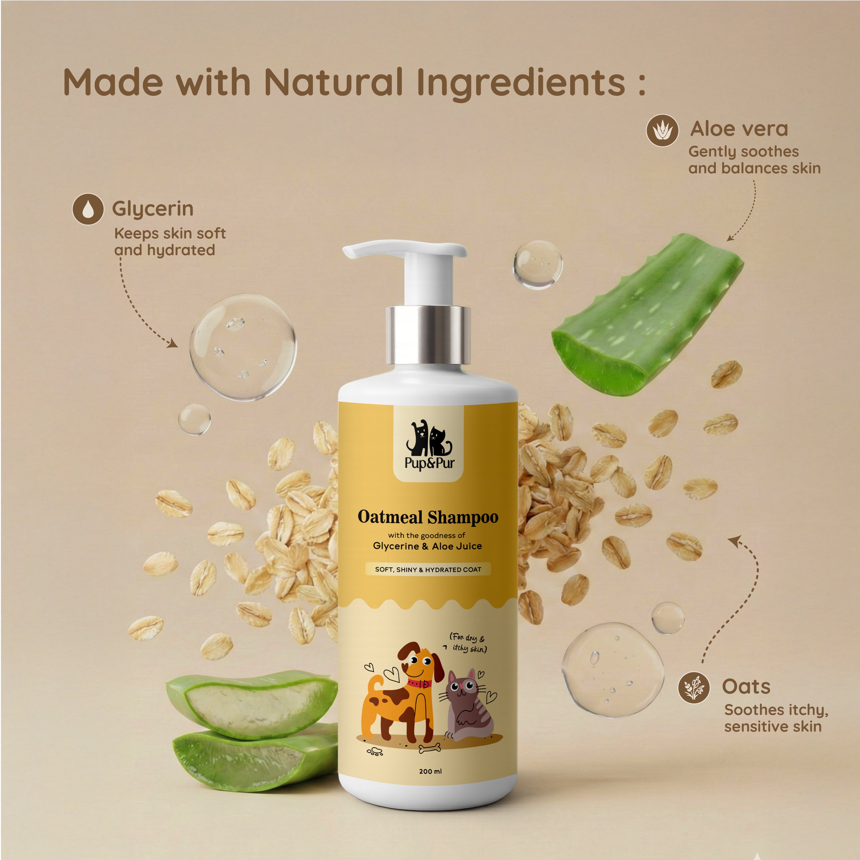 Pup & Pur Oatmeal Shampoo For Dogs & Cats | Pet Shampoo For Dry & Itchy Skin  | 200 ml