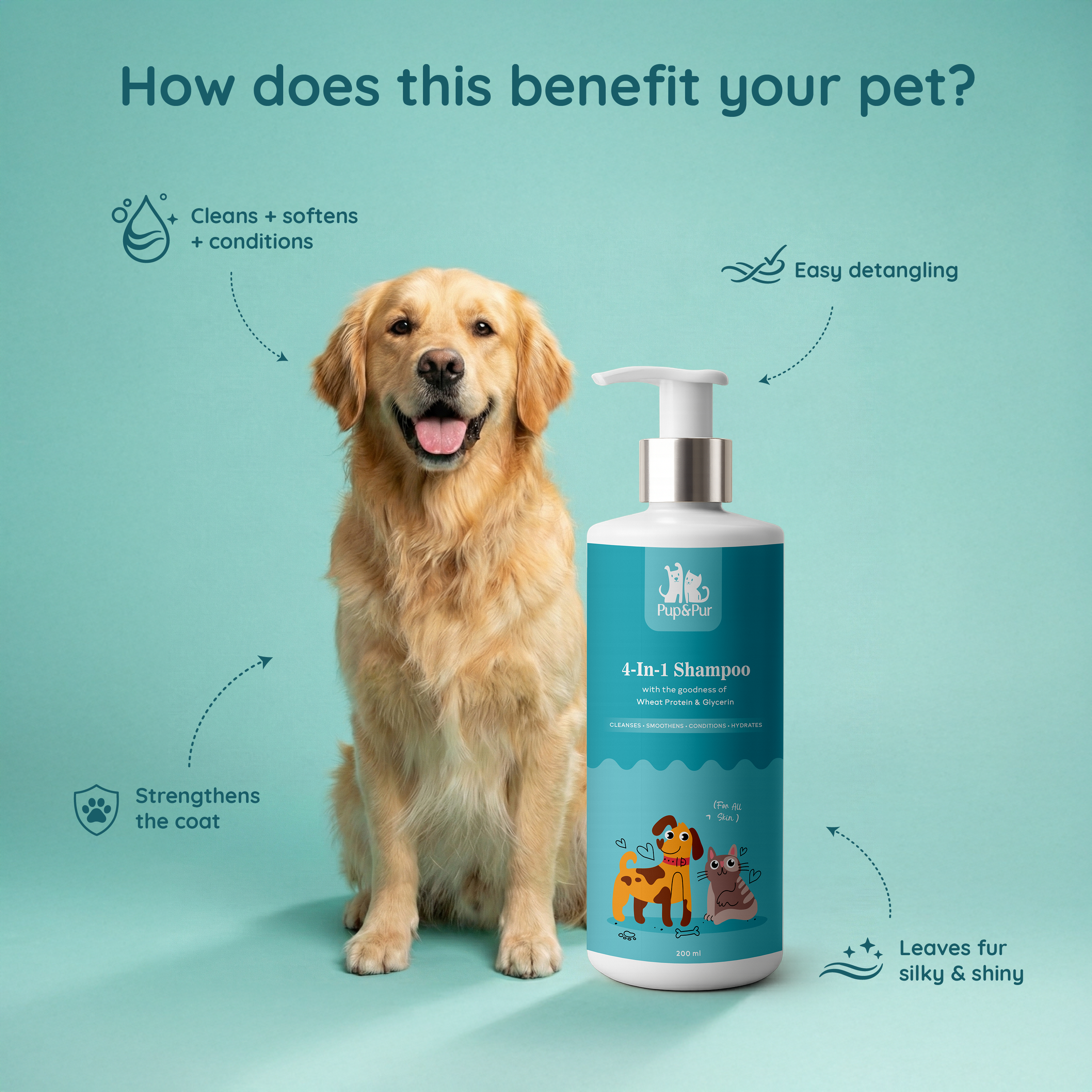 Pup & Pur 4-in-1 Shampoo for Dogs & Cats | Clean, Condition, Hydrates & Anti Hairfall  | 200 ml