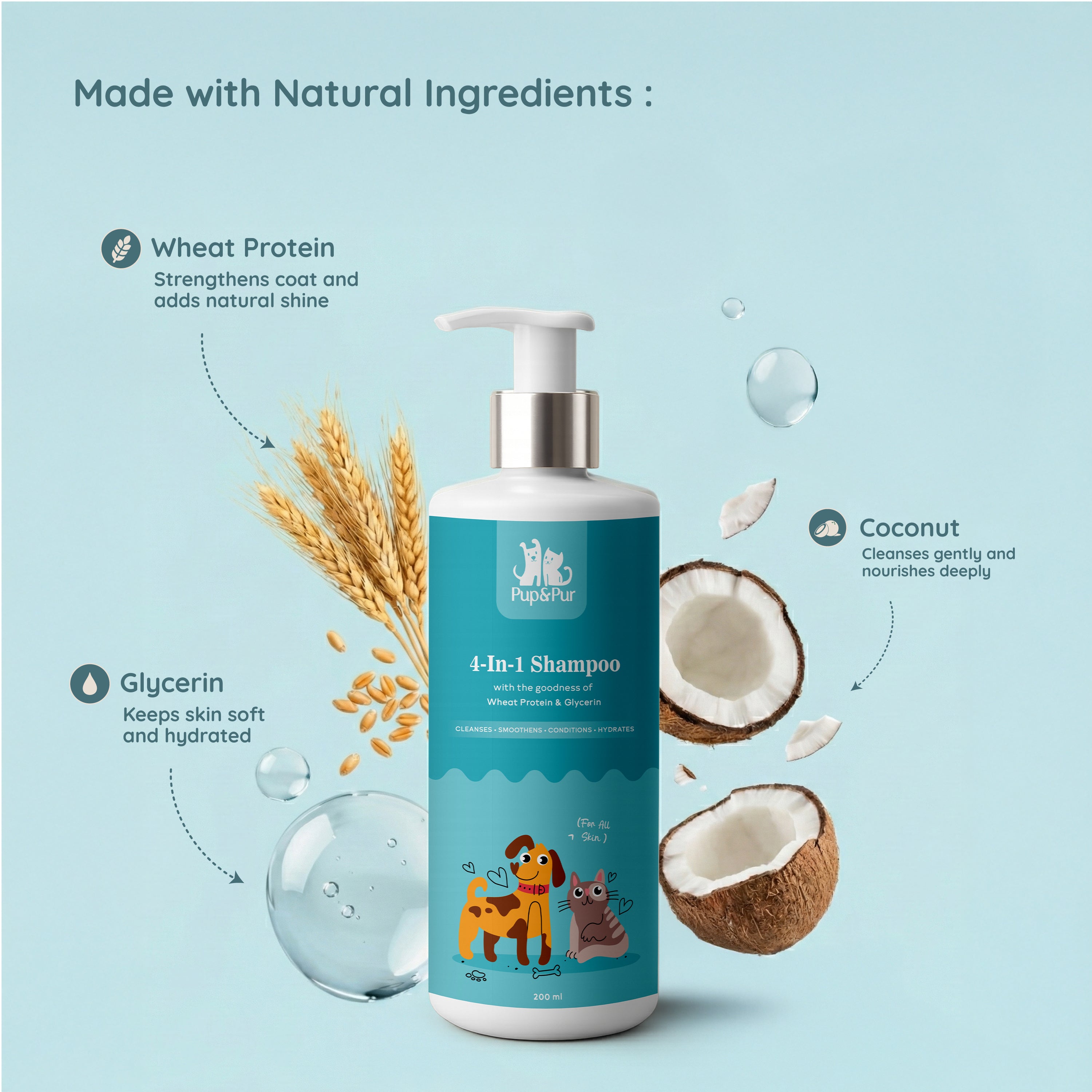 Pup & Pur 4-in-1 Shampoo for Dogs & Cats | Clean, Condition, Hydrates & Anti Hairfall  | 200 ml